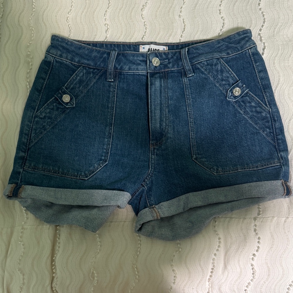 PAIGE Dark Blue Jean Shorts Utility pockets Boyfriend Relaxed